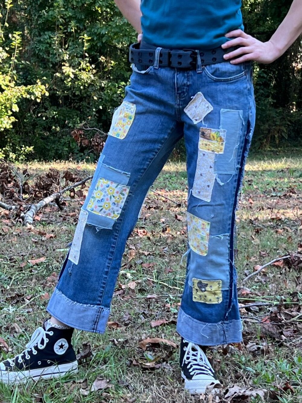 Upcycled Reworked Patchwork Boho Distressed Cropped Cuffed Shabby Chic Jeans